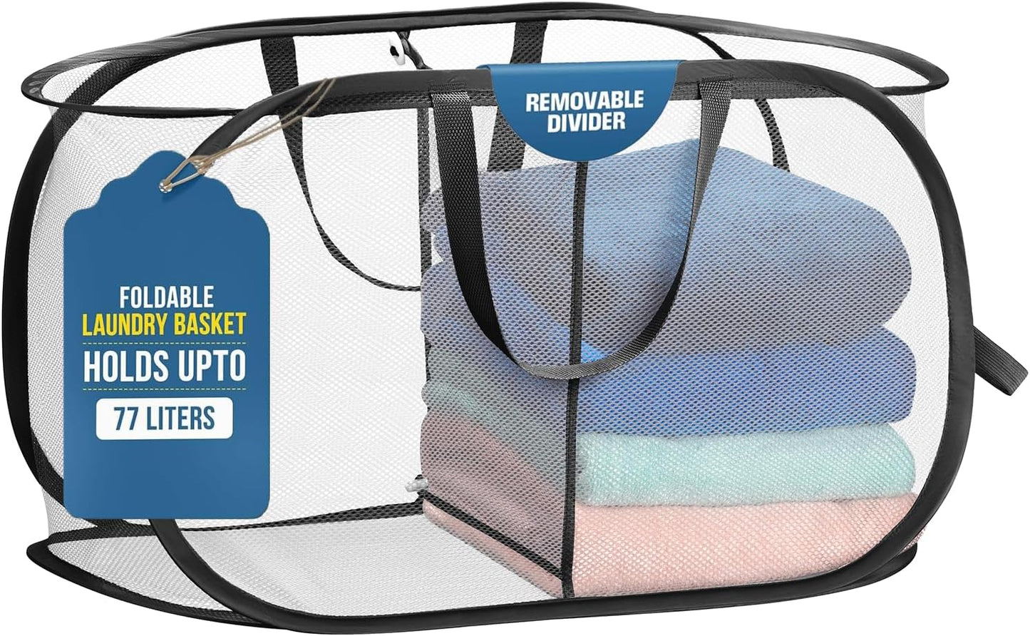 Handy Laundry Collapsible Laundry Basket, 3-Compartment Mesh Laundry Sorter, Foldable Pop Up Hamper with Handles, Space-Saving Durable Organizer for Dorm, Bedroom, Travel, White