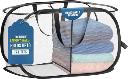 Handy Laundry Collapsible Laundry Basket, 3-Compartment Mesh Laundry Sorter, Foldable Pop Up Hamper with Handles, Space-Saving Durable Organizer for Dorm, Bedroom, Travel, White