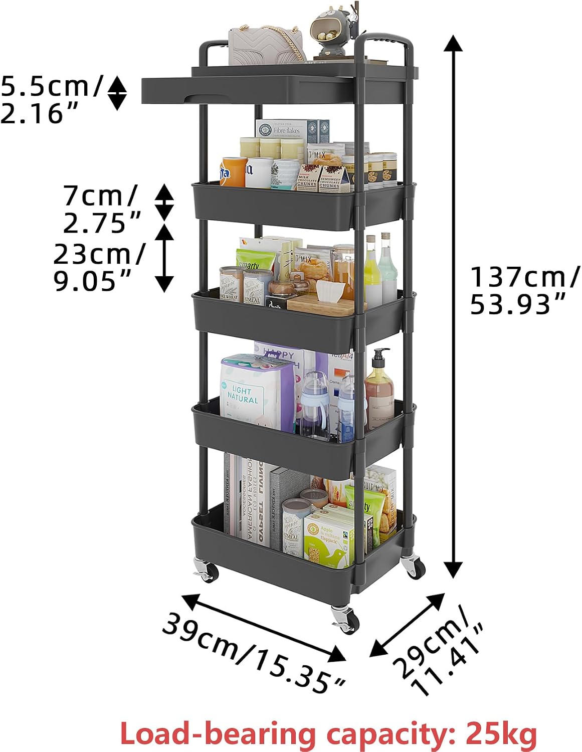 Calmootey 3-Tier Rolling Utility Cart with Drawer,Multifunctional Storage Organizer with Plastic Shelf & Metal Wheels,Storage Cart for Kitchen,Bathroom,Living Room,Office,White