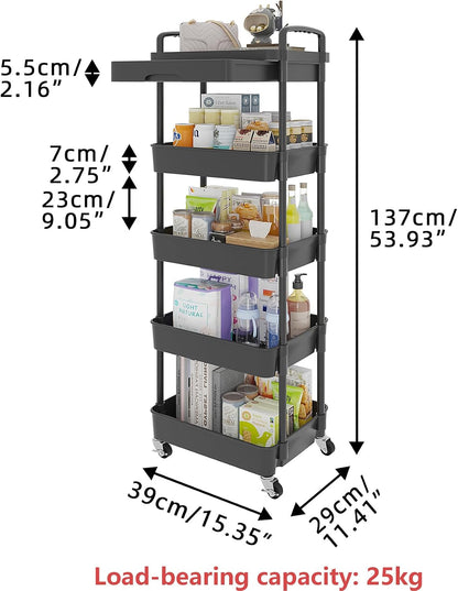 Calmootey 3-Tier Rolling Utility Cart with Drawer,Multifunctional Storage Organizer with Plastic Shelf & Metal Wheels,Storage Cart for Kitchen,Bathroom,Living Room,Office,White