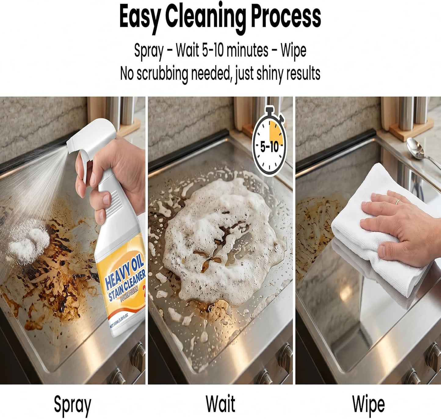Heavy Duty Kitchen Degreaser Spray, Powerful Cleaner for Stubborn Oil Stains, Grease Remover for Stovetops, Countertops, Ovens & Grills, 2 PCS