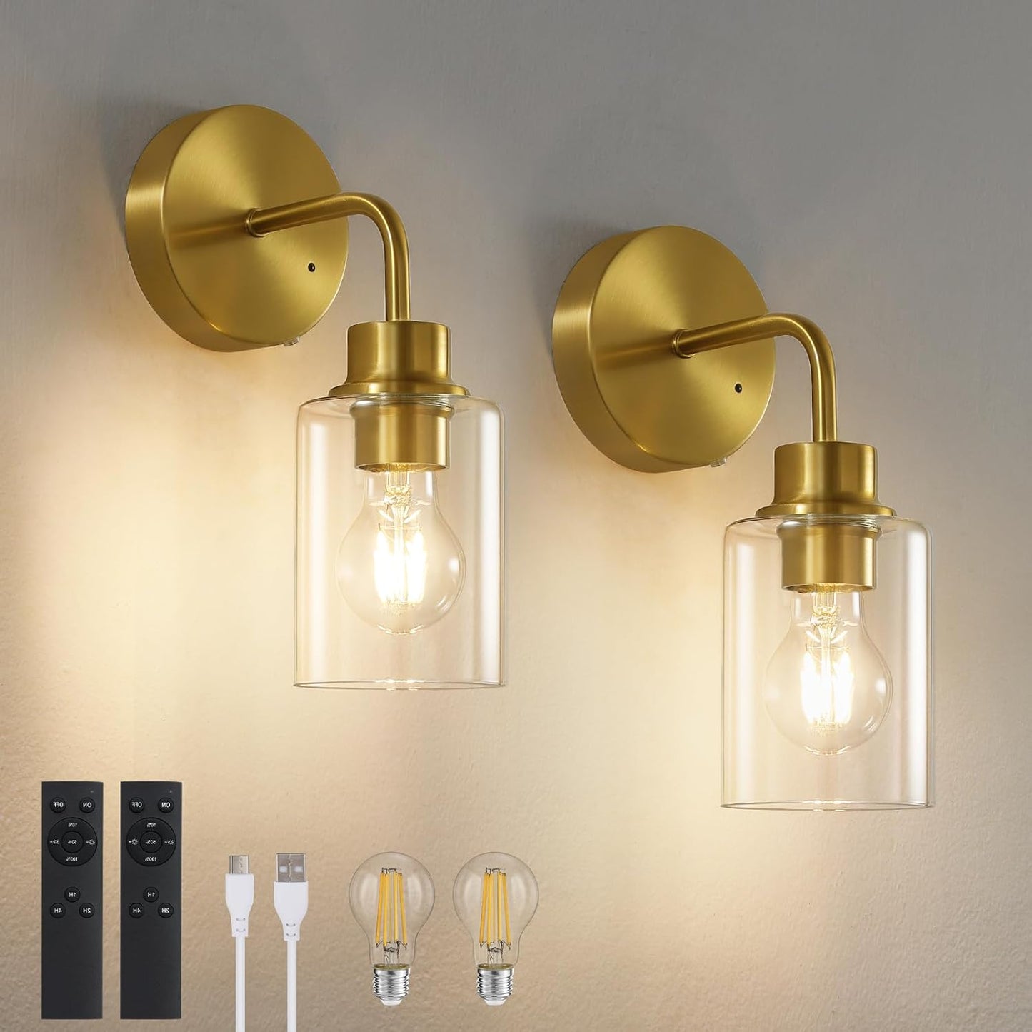 Epinl Battery Operated Black Wall Sconce Set of 2, Wireless Rechargeable Wall Lights with Remote Control, Modern Dimmable Wall Mount Lamps for Bedroom Living Room Bathroom, 3000K