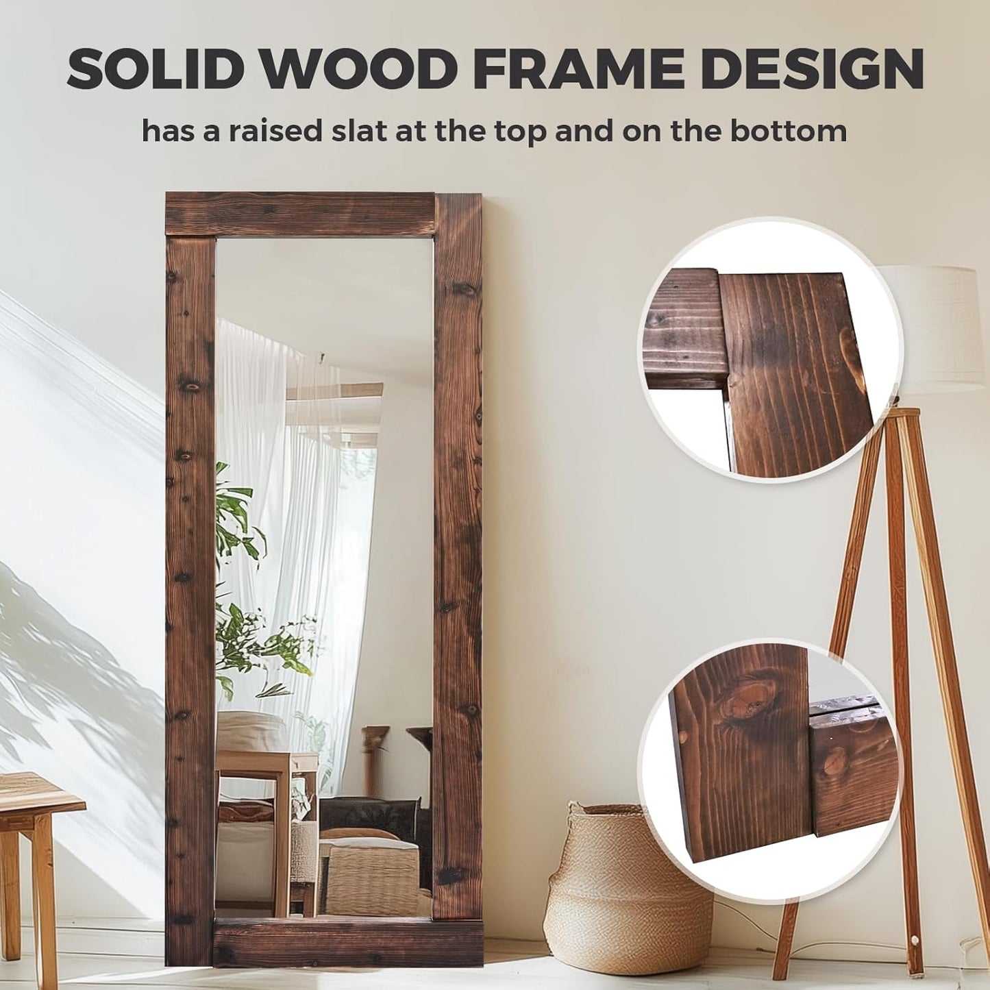 Solid Wood Full Length Mirror - 65"x22" Arched Floor Mirror, Free Standing & Wall Mounted - Elegant Design for Bedroom, Dressing Room, Hallway, Brown