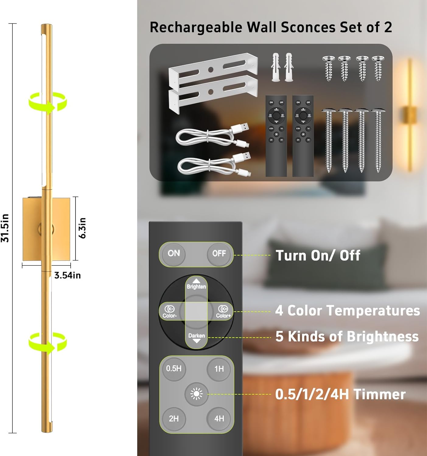 iThird Battery Operated Wall Sconces Set of 2: 10000mAh Rechargeable Wall Lights with Remote Control, 360° Rotate Wireless Wall Scone Decor for TV/Mirror Bedroom Living Room, 31.5 Inch, Black