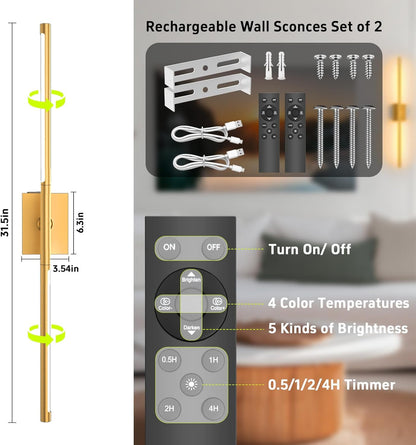 iThird Battery Operated Wall Sconces Set of 2: 10000mAh Rechargeable Wall Lights with Remote Control, 360° Rotate Wireless Wall Scone Decor for TV/Mirror Bedroom Living Room, 31.5 Inch, Black