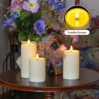 Yeelida Outdoor 4pcs Flameless Waterproof Candles with Handy Remote Control, Cycle Timer Battery Operated Candle Grease Effect LED Flickering Pillar Plastic Long Lasting (White, 3" x4" 5" 6" 7")