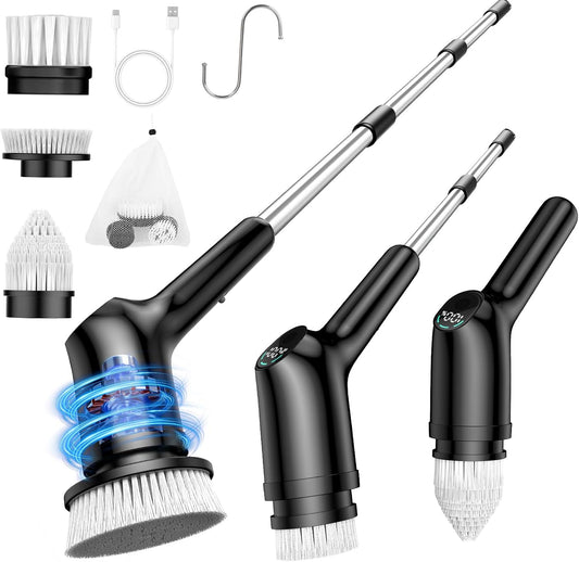 Shower Scrubber with Long Handle, Electric Spin Scrubber for Cleaning Bathroom, Cordless Cleaning Brush with IPX7 Waterproof & 2 Speed, Cleaning Supplies for Shower Tub Kitchen Tile Toilet