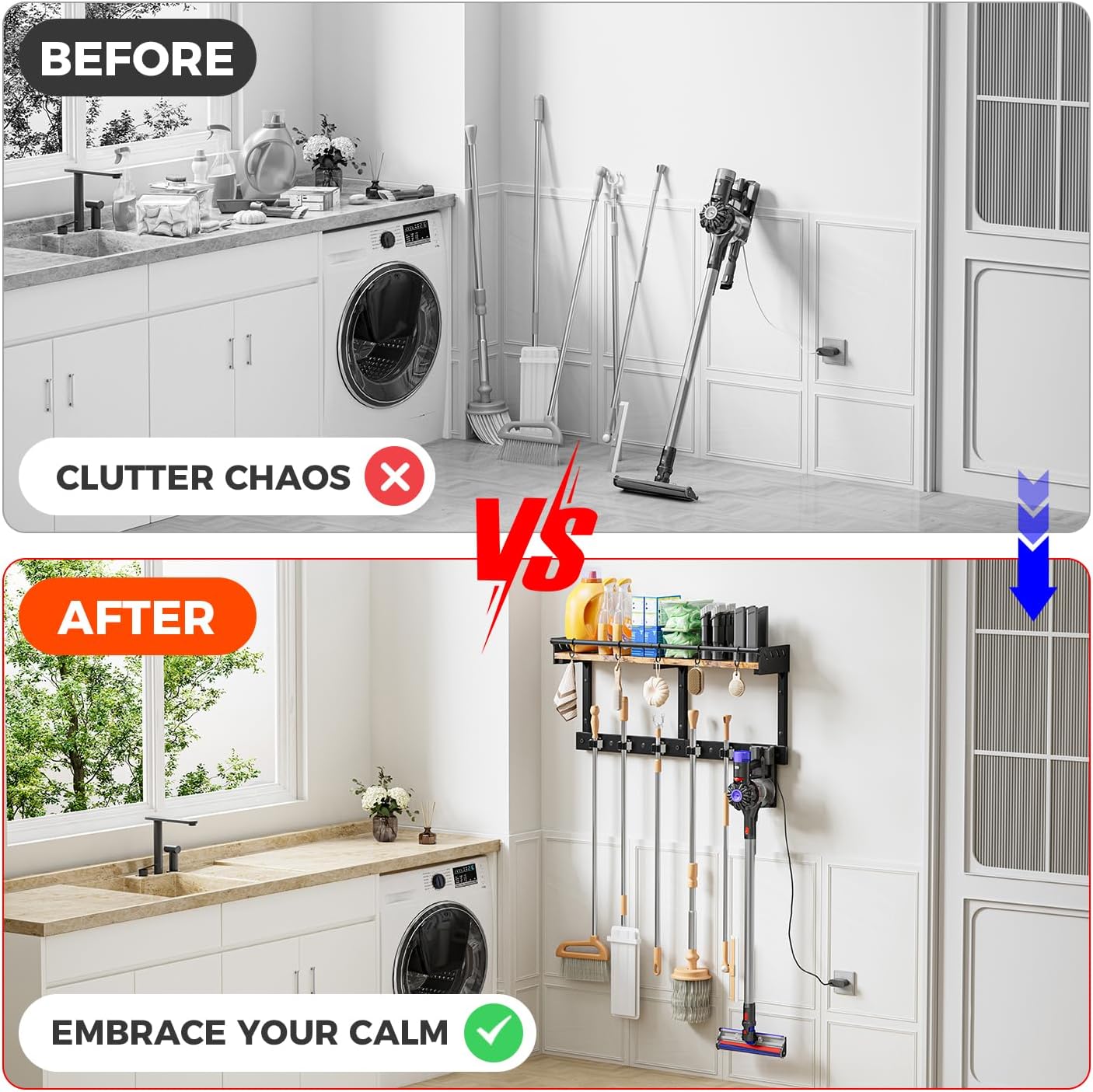 Broom Holder Wall Mount with Shelf,Broom Hanger,3 in 1 Broom and Mop Organizer Wall Hanging for Laundry,Garage,Utility,Broom Rack,Vacuum Stand Alternative,Cleaning Supplies Organizer Storage,White,L