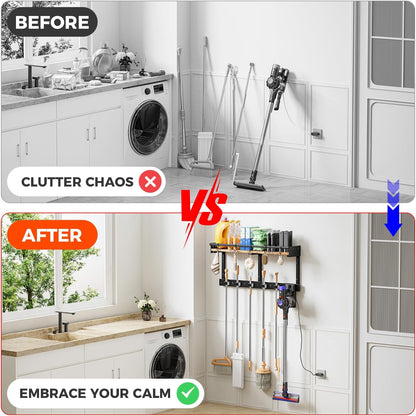 Broom Holder Wall Mount with Shelf,Broom Hanger,3 in 1 Broom and Mop Organizer Wall Hanging for Laundry,Garage,Utility,Broom Rack,Vacuum Stand Alternative,Cleaning Supplies Organizer Storage,White,L