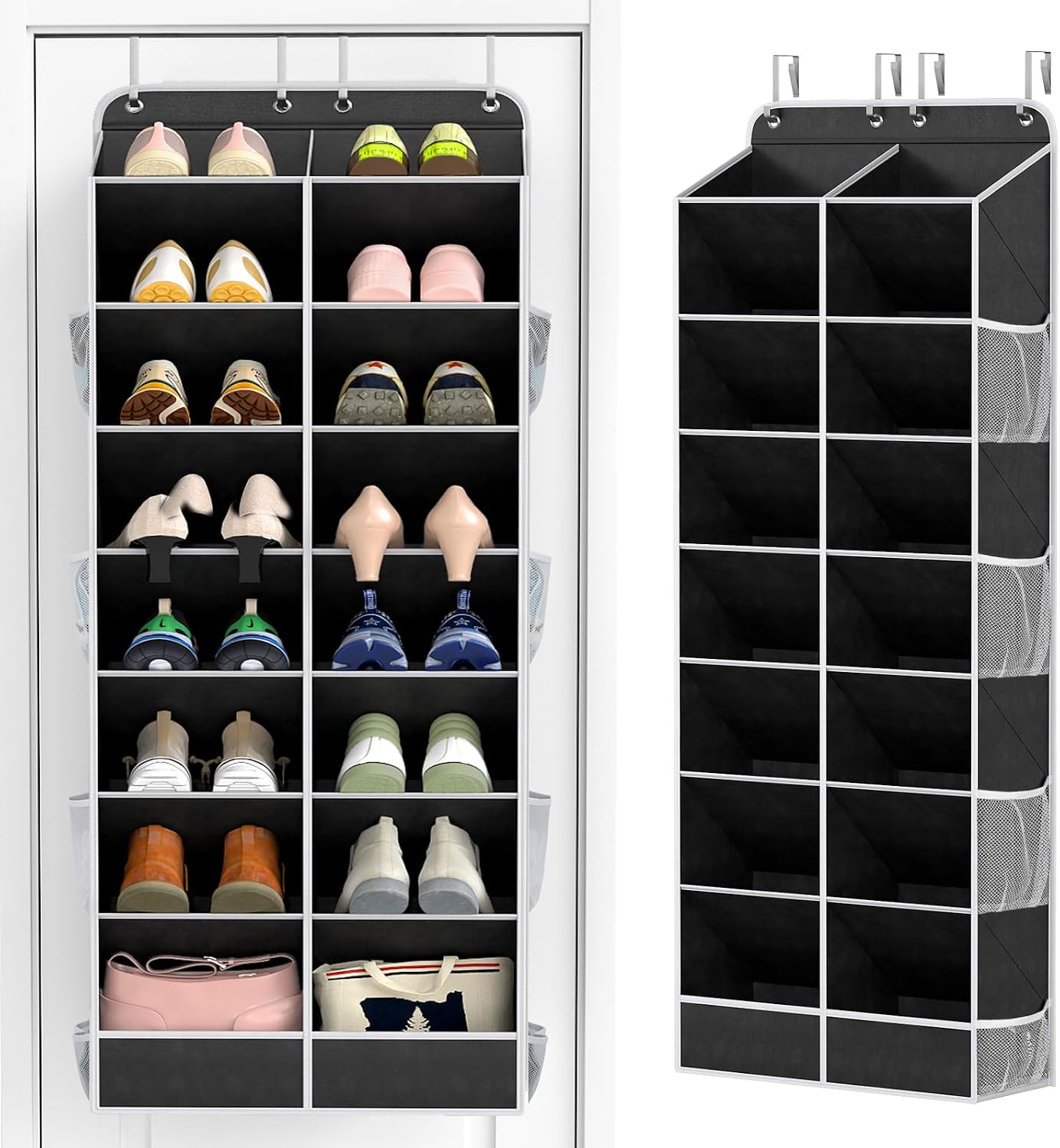 Yecaye 30 Pairs Over the Door Shoe Organizer, Large Capacity Hanging Shoe Rack for Door Hanger with Deep Pockets, Heavy Duty 10 Tier Shoe Holder for Sneakers Boots Heels College Dorm Essentials, Black