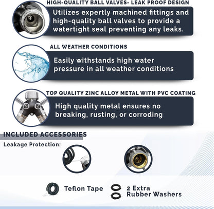 Morvat Heavy Duty Metal & PVC Covered 2 Way Y Splitter Garden Hose Connector with Comfort Grip Shut Off Valves, Adapter for Water Tap, Outlet, & Spigot, Includes 2 Extra Rubber Washers & Teflon Tape