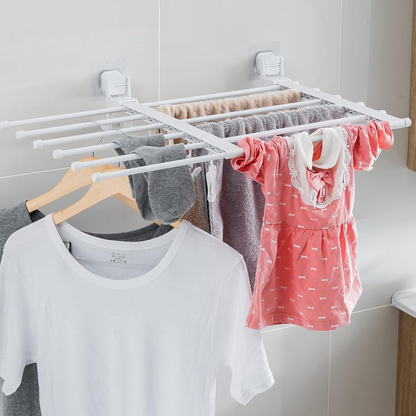 Laundry Rack, Wall Mounted Clotheshorse, Household Toilet Hanging Towel Rack Foldable Bathroom Free Punching Clothes Multi-Clip Drying Socks Underwear Storage Rack