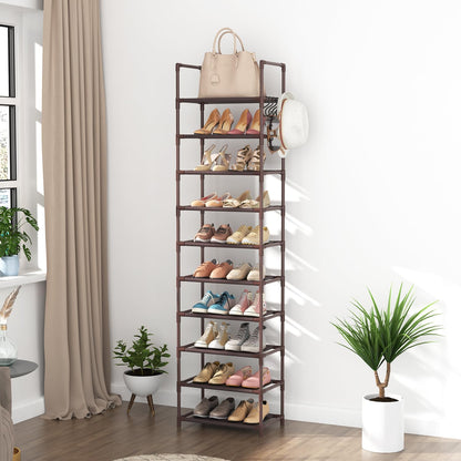 LANTEFUL 10 Tiers Tall Shoe Rack 20-25 Pairs Boots Organizer Storage Sturdy Narrow Shoe Shelf for Entryway, Closets with Hooks, Black