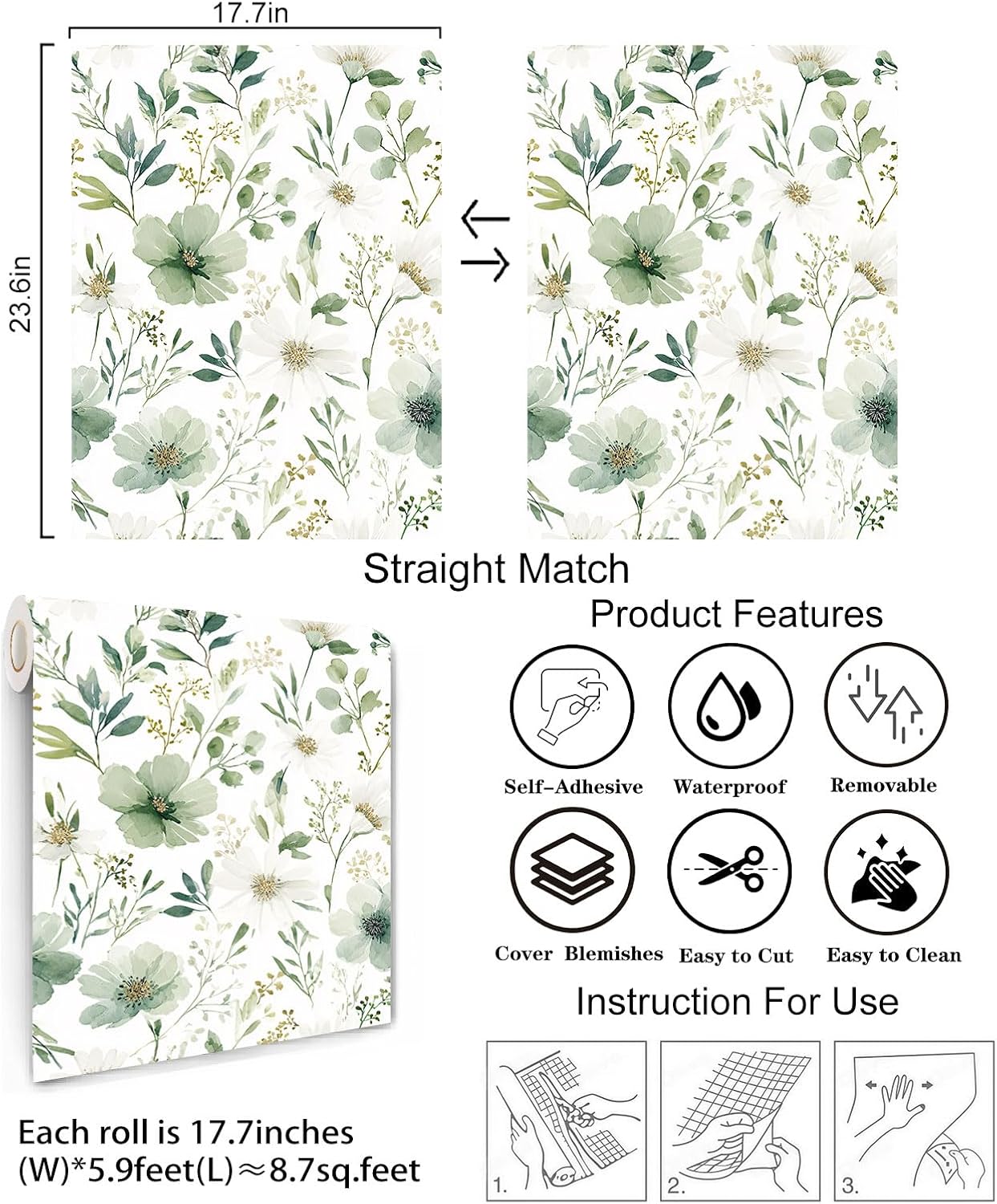 Sage Green Floral Peel and Stick Wallpaper Self Adhesive Removable Modern for Bedroom Accent Wall Renter Friendly Thick Watercolor Natural Flower Wallpaper 17.7" x 118"