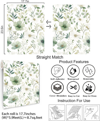 Sage Green Floral Peel and Stick Wallpaper Self Adhesive Removable Modern for Bedroom Accent Wall Renter Friendly Thick Watercolor Natural Flower Wallpaper 17.7" x 118"