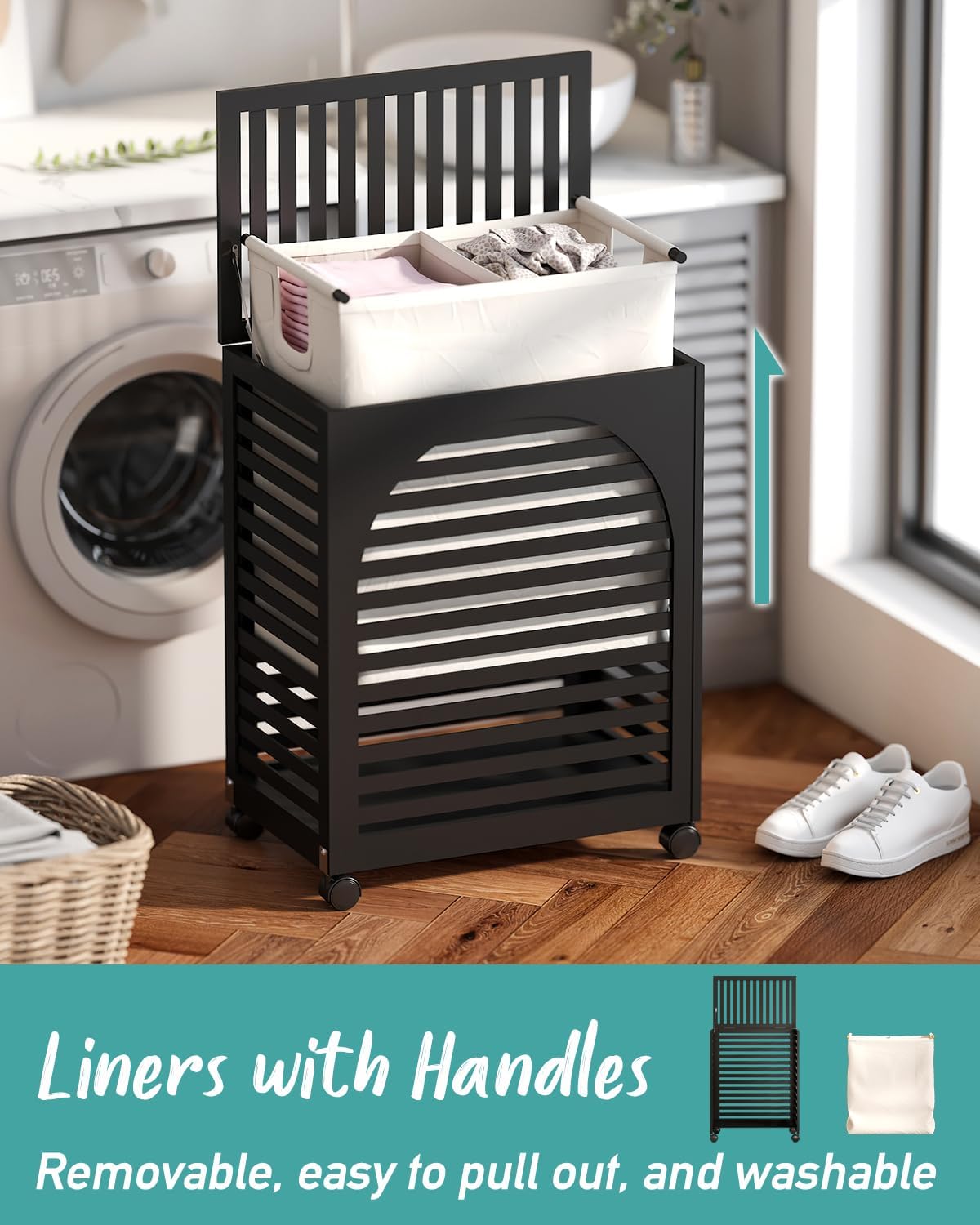 Black Laundry Hamper with Wheels, Laundry Basket with Lid, 22.5 Gallon (85L) Bamboo Wood Clothes Laundry Hamper 2 Section with Handles, Removable Liner