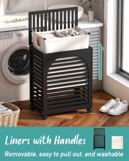 Black Laundry Hamper with Wheels, Laundry Basket with Lid, 22.5 Gallon (85L) Bamboo Wood Clothes Laundry Hamper 2 Section with Handles, Removable Liner