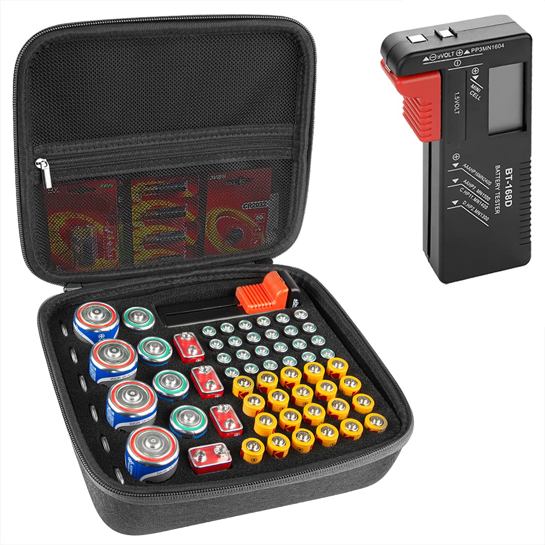 Linkidea Hard Battery Storage Container, Organizer Box with Tester BT-168, Safe Carrying Battery Case Holder - Holds 76 Various Sizes AA AAA 9V C D Batteries with Battery Tester