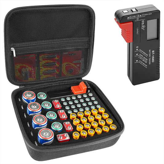Linkidea Hard Battery Storage Container, Organizer Box with Tester BT-168, Safe Carrying Battery Case Holder - Holds 76 Various Sizes AA AAA 9V C D Batteries with Battery Tester