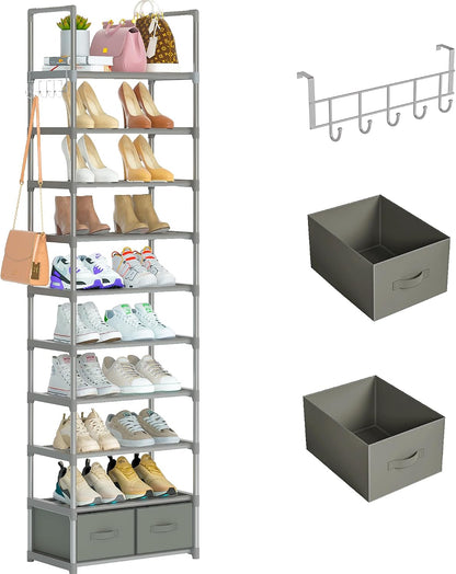 OYREL Tall Shoe Rack Narrow 10 Tier Shoes Rack 20 25 Pairs, Shoe Storage Organizer for Closet, Sturdy Metal Shoe Shelf Shoe Stand with 2 Boxes 1 Hook