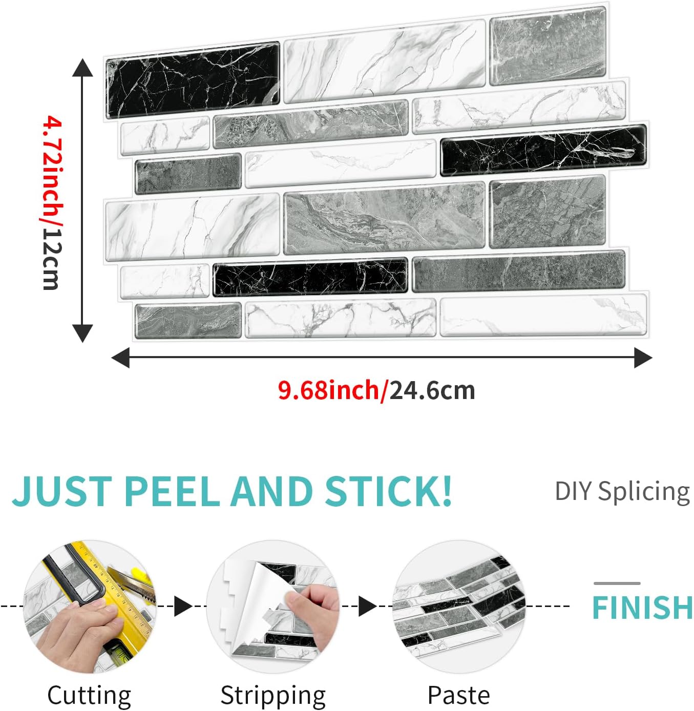 36 Sheets of Self Adhesive Marble Tile Wall Tiles Vinyl Sticker | 9.68 x 4.72in Water Resistant, Easy to Stick and Peel off, Suitable for DIY Decoration on Ceilings and Walls (Black)