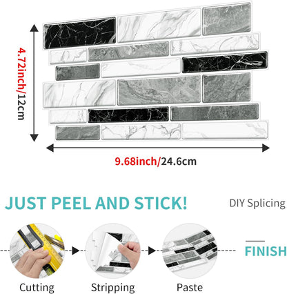 36 Sheets of Self Adhesive Marble Tile Wall Tiles Vinyl Sticker | 9.68 x 4.72in Water Resistant, Easy to Stick and Peel off, Suitable for DIY Decoration on Ceilings and Walls (Black)
