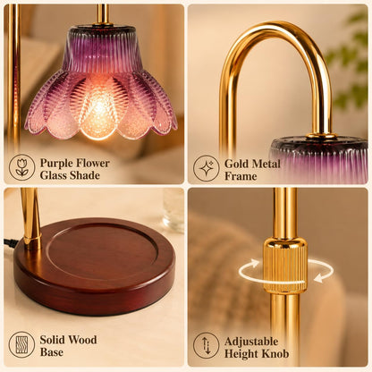 Candle Warmer Lamp with Timer, Dimmer, Vintage Glass Shade | Adjustable height, 2/4/8-hour timer, wood base, 2 bulbs included