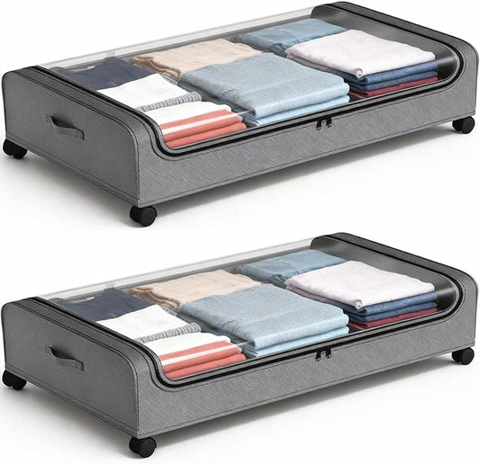 Under Bed Storage with Wheels, 2-Pack Under the Bed Storage Containers with Clear Lids & Label, Underbed Storage Bins, XXXL 85L 11 inches Rolling Metal Drawer for Clothes, Shoes, Toys, Books - Gray