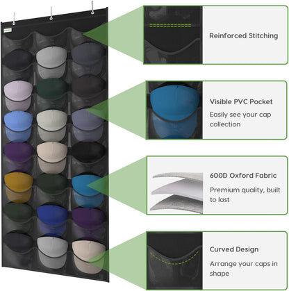 Baseball Hat Rack, 24 Pocket Over-The-Door Hat Organizer with Clear Deep Pockets to Display Baseball Caps Collection, Complete with 3 Over Door Hooks (Black, 24 Pockets)