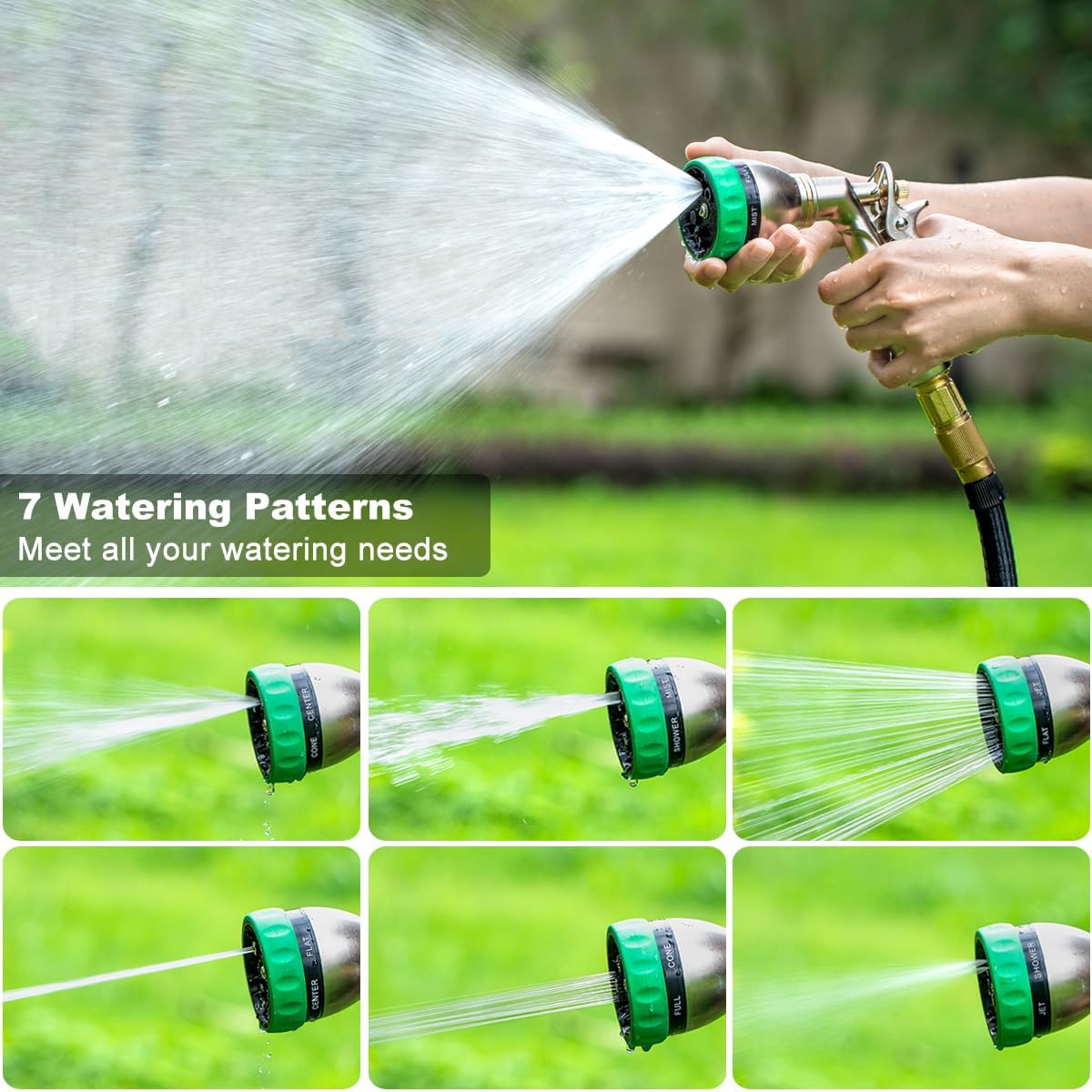 FANHAO Heavy Duty Garden Hose Nozzle, 100% Metal Water Nozzle with 8 Adjustable Spray Patterns, High Pressure Hose Sprayer with Non-Slip Grip for Watering Plants & Lawns, Washing Cars & Pets -Silver