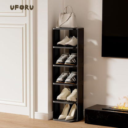 UFORU Small Shoe Rack, 5 Tier Plastic Vertical Shoe Rack for Small and Narrow Spaces, Free Standing Shoe Organizer for Closet, Entryway