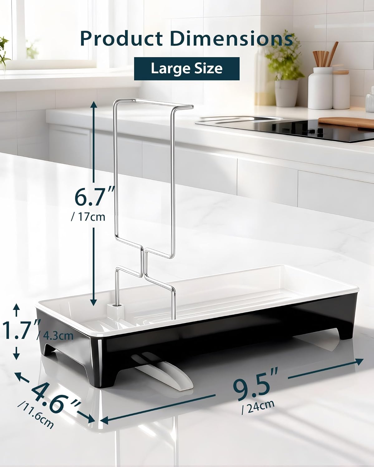 Minimalist Sink Caddy, Rustproof Sponge Holder for Kitchen Sink with 304 Stainless-Steel Brush Holder, Countertop Rack Organizer with Raised Ridges & Silicone Drain Tube (Black, Large)