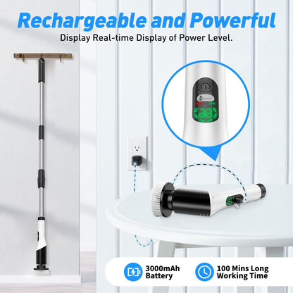 Electric Spin Scrubber, Cordless Power Cleaning Brush with 7 Replaceable Heads, Adjustable Long Handle, & LCD Display, IPX7 Waterproof Shower Scrubber for Bathroom, Tub, Tile, Kitchen & Car
