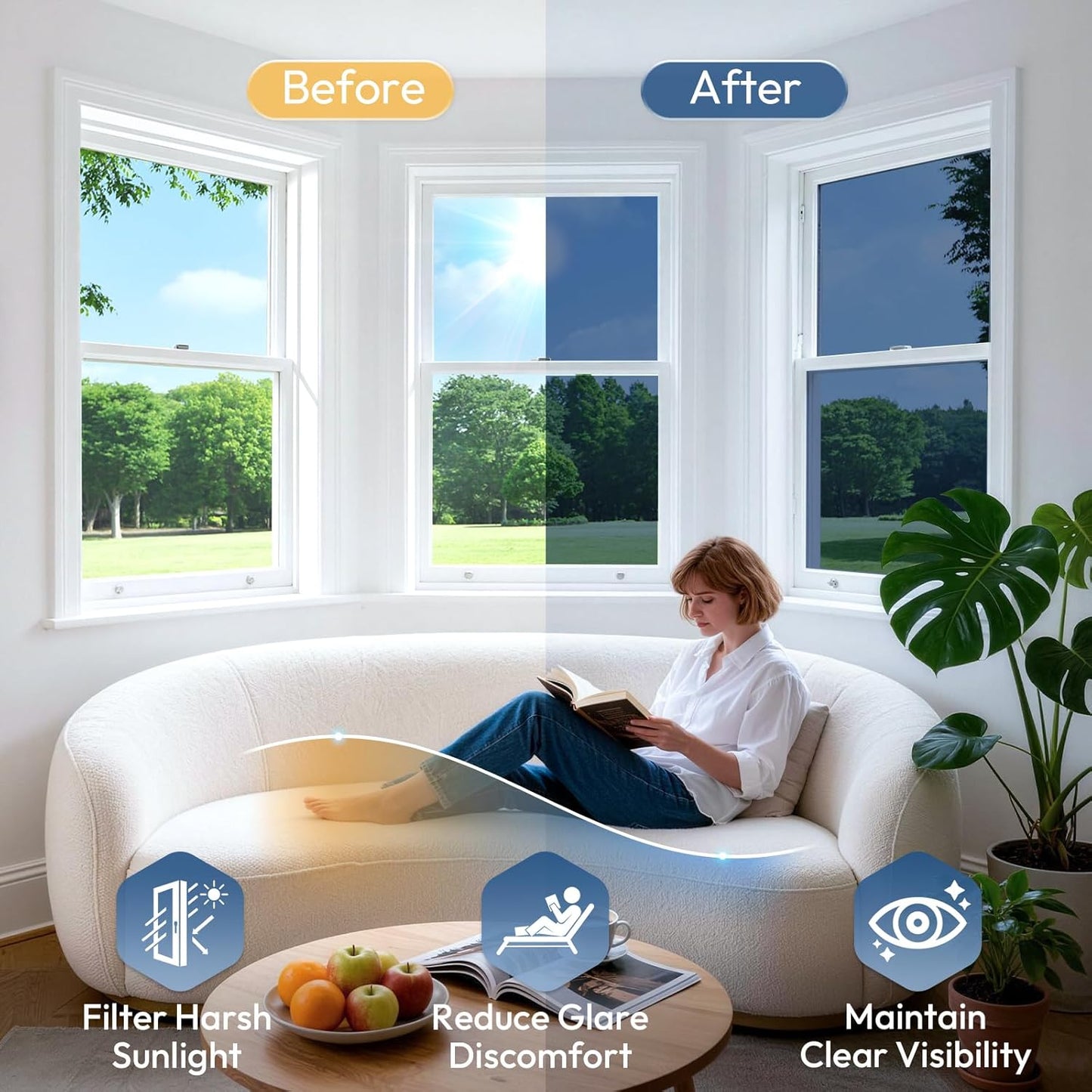 rabbitgoo Privacy Window Film Non Adhesive Frosted Glass Sun Blocking Self Static Cling Decorative for Home Kitchen Living Room, Removable and Reusable, 17.5 X 78.7 inches