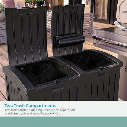 Suncast 33 Gallon Commercial Outdoor Trashcan Hideaway with Lid for 30 to 33 Gallon Trash Bags for Garage, Backyard, or Garden, Brown