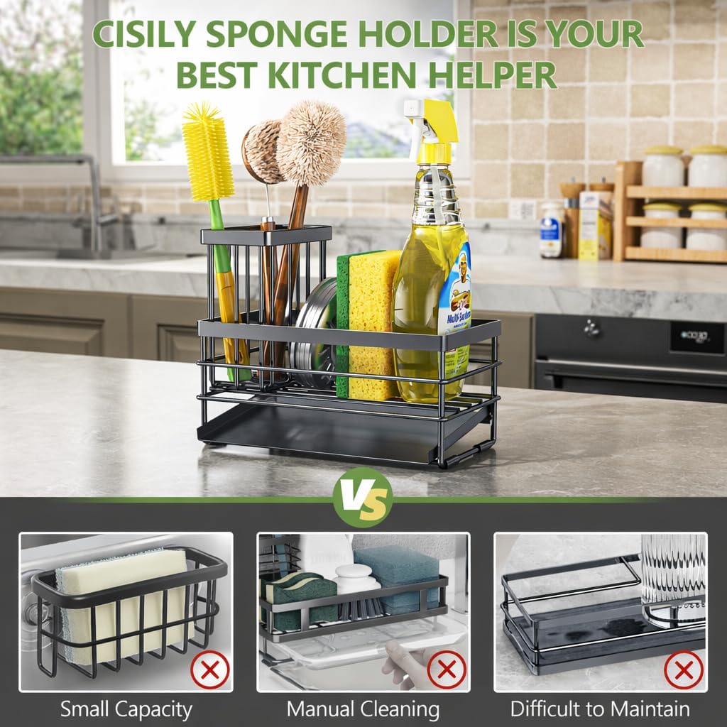 Cisily Sink Caddy Sponge Holder for Kitchen with Brush Holder and Stainless Steel Self Drain Tray, Rustproof Kitchen Sink Organizer for Sponge, Soap Dispenser Storage Accessories (Black)