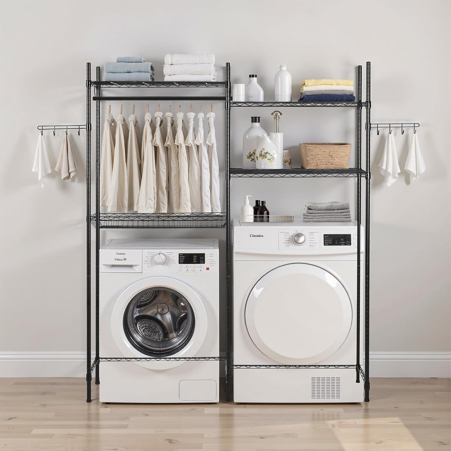 VEVOR Over The Washer and Dryer Storage Shelf, 3 Tier Laundry Room Drying Rack with Hanger Rod and Hooks, Adjustable Over Washer and Dryer Shelves, Laundry Room Shelf Storage Space Saver, Black