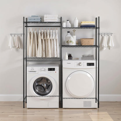 VEVOR Over The Washer and Dryer Storage Shelf, 3 Tier Laundry Room Drying Rack with Hanger Rod and Hooks, Adjustable Over Washer and Dryer Shelves, Laundry Room Shelf Storage Space Saver, Black