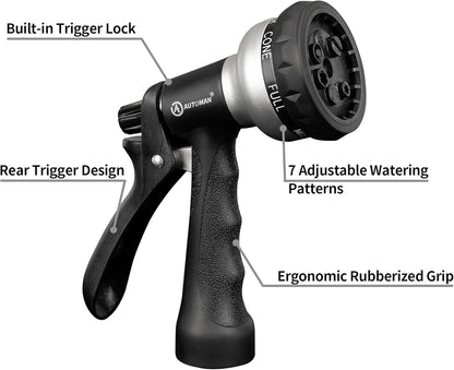 AUTOMAN Garden Hose Nozzle - 2 Pack, 100% Metal High Pressure Spray Nozzle, Labor-Saving Design, Heavy Duty for Garden Watering, Car Washing, Window Cleaning, Pets Bathing