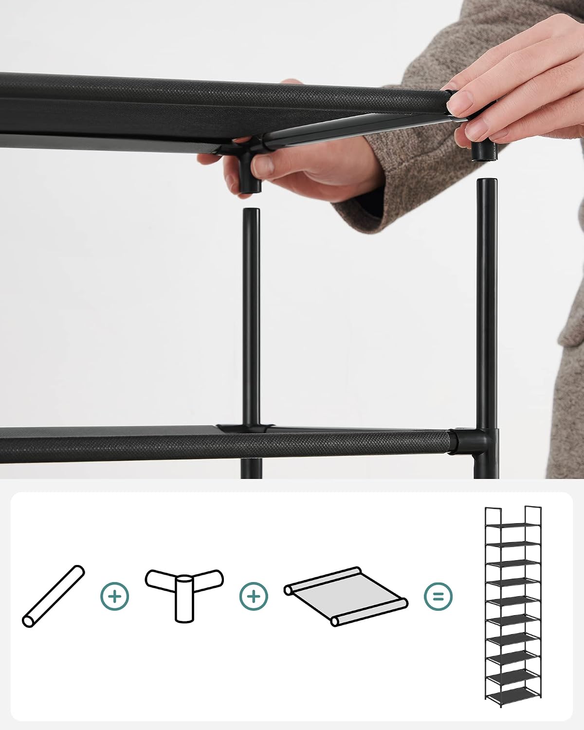 SONGMICS Shoe Rack, 2-Tier Shoe Storage Organizer, Space-Saving, 11.7 x 16.5 x 12.2 Inches, Entryway, Metal Frame, Non-Woven Fabric Shelves, Ink Black ULSH012BH01