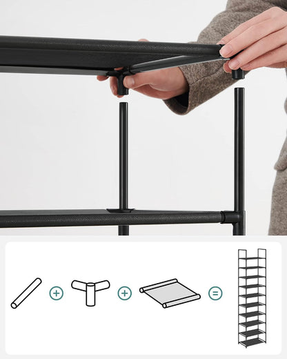 SONGMICS Shoe Rack, 2-Tier Shoe Storage Organizer, Space-Saving, 11.7 x 16.5 x 12.2 Inches, Entryway, Metal Frame, Non-Woven Fabric Shelves, Ink Black ULSH012BH01