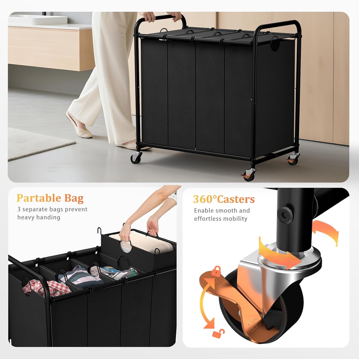 180L (47.55 Gal) Laundry Sorter 3 Section, Rolling Laundry Basket with Lockable Wheels and Lid, Laundry Hamper with 3 Separated Removable Bags Dirty Clothes Hamper for Laundry Room Organizer, Black
