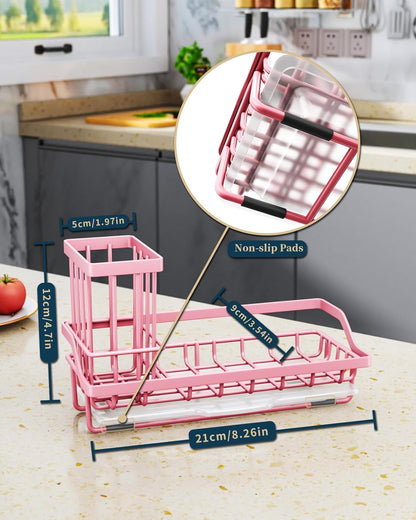 Consumest Sponge Holder for Kitchen Sink - Kitchen Sink Caddy Organizer with Removable Drip Tray for Countertop Dish Soap Dispenser Brush Storage Accessories 304 Stainless Steel - Black