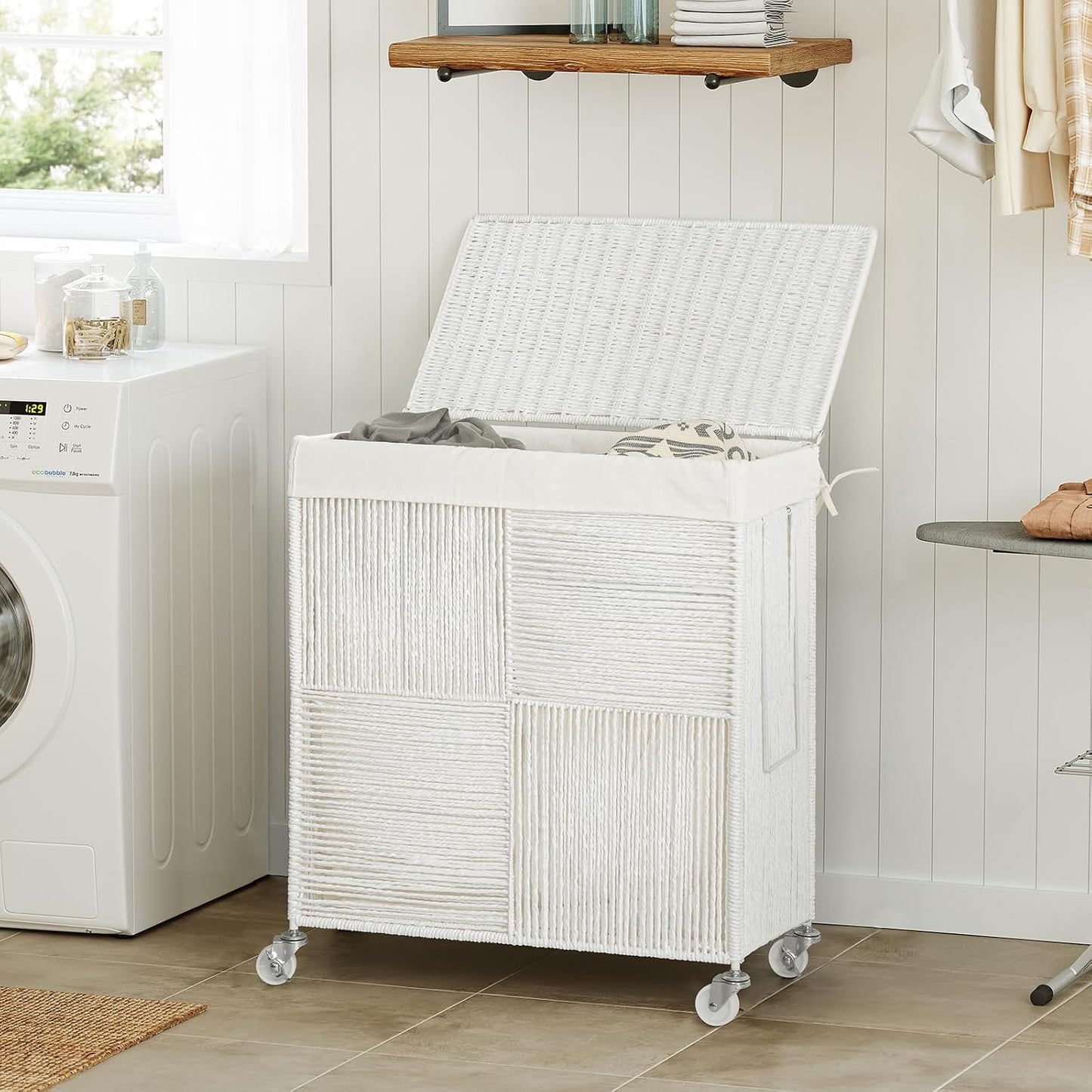 WOWLIVE Double Laundry Hamper with Lid, Handwoven Rolling Laundry Basket with Wheels, 115L Dirty Clothes Hamper with Removable Liner Bag Large Capacity Laundry Sorter Laundry Room Organization,Natural