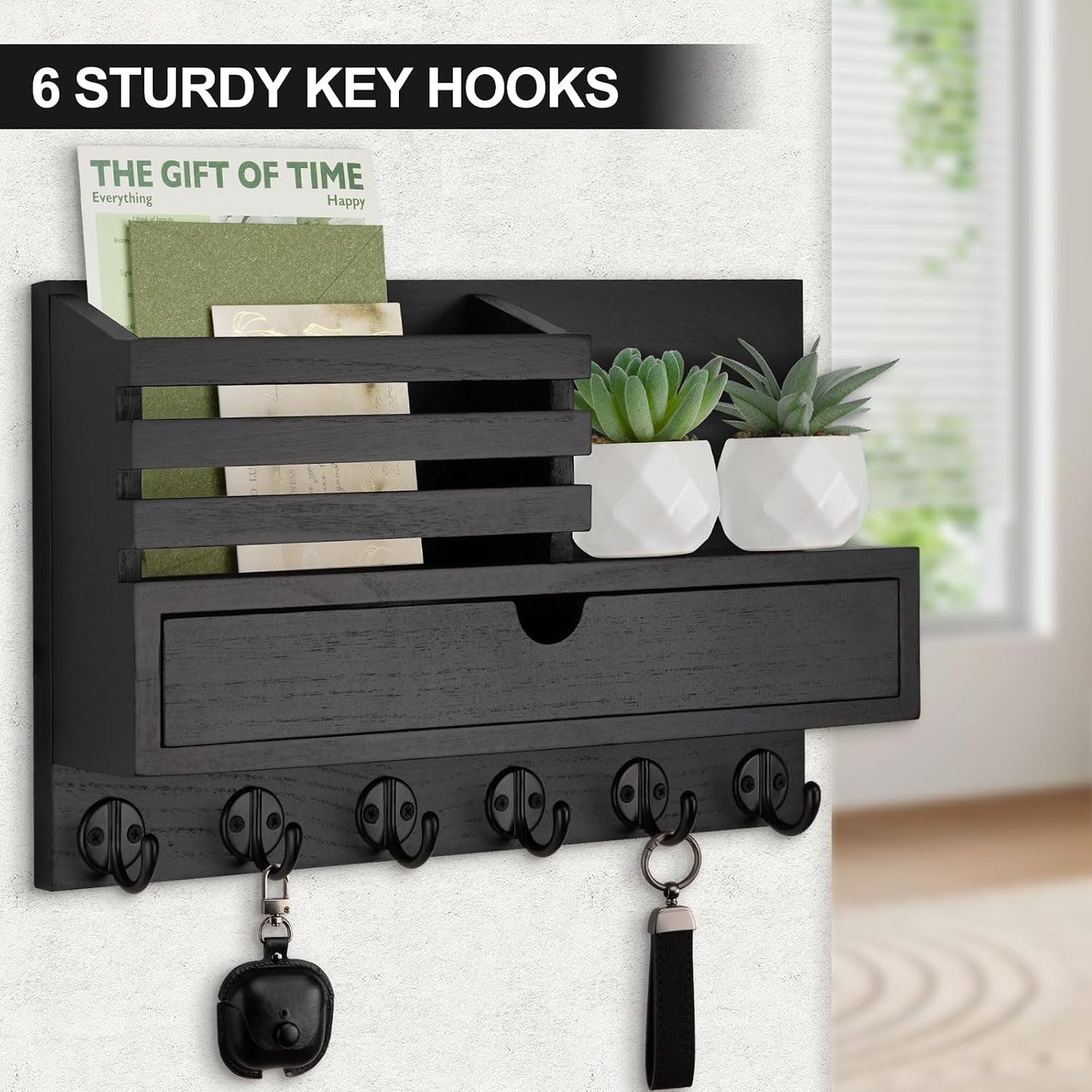 Key Holder Wall Mount, Mail Holder with Storage Drawer and 5 Key Hooks for Coat, Dog Leash, Home Decor Rack, House Accessories, Entry Way Organizer