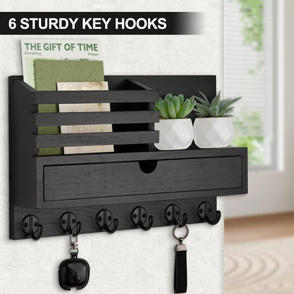 Key Holder Wall Mount, Mail Holder with Storage Drawer and 5 Key Hooks for Coat, Dog Leash, Home Decor Rack, House Accessories, Entry Way Organizer