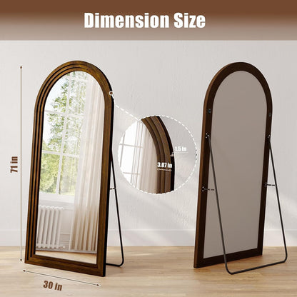 30"x71" Full Length Mirror Solid Wood Frame, Arched Floor Mirror Full Length with Stand, Room Decor Big Full Body Mirror with HD Tempered Glass for Bedroom, Living Room, Walnut Wood