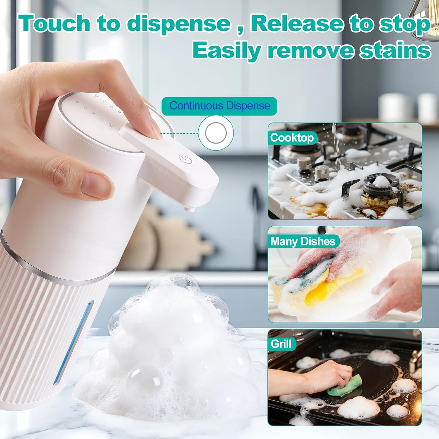Automatic Soap Dispenser, Foaming Soap Dispenser Touchless with Continuous Dispensing, 4-Level Adjustable, Rechargeable Hand Soap Dispensers, Wall Mounted or Countertop for Bathroom & Kitchen
