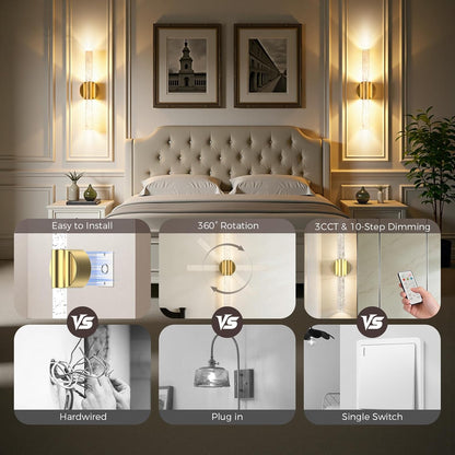 Peel and Stick on Battery Operated Wall Sconces Set of 2, Gold Wireless Magnetic Rechargeable Wall Lights with Remote & Touch Control, No Drill 3CCT Dimmable Wall Lamp for Bedroom Living Room Decor
