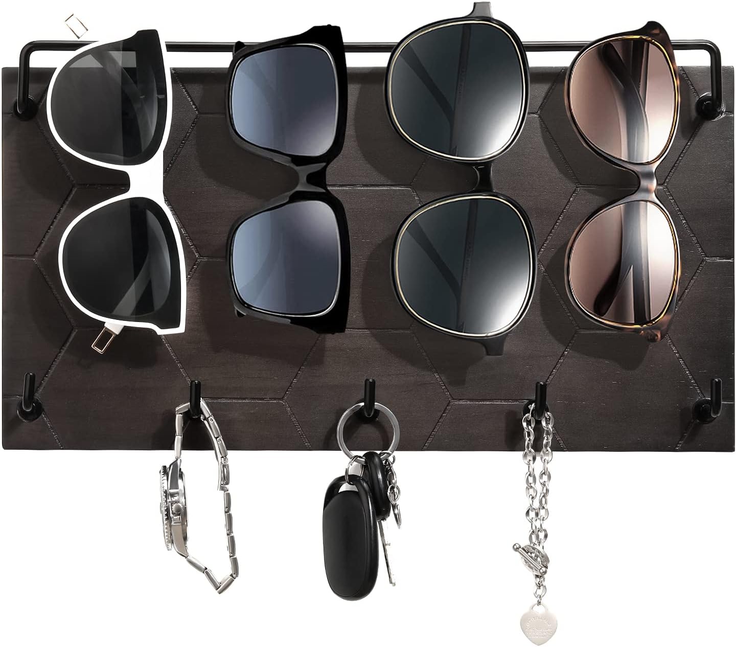 Emibele Sunglass Organizer Wall Key Holder,Decorative Wood Wall Organizer | Glasses & Sunglass Holder Display with 5 Hooks Key Rack Hanging Eyeglass Storage for Entryway Living Room